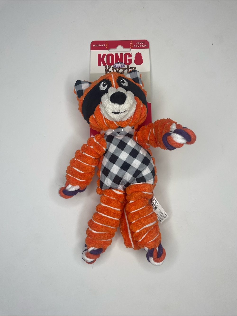KONG Orange Plush Raccoon with Checkered Belly and Rope Limbs